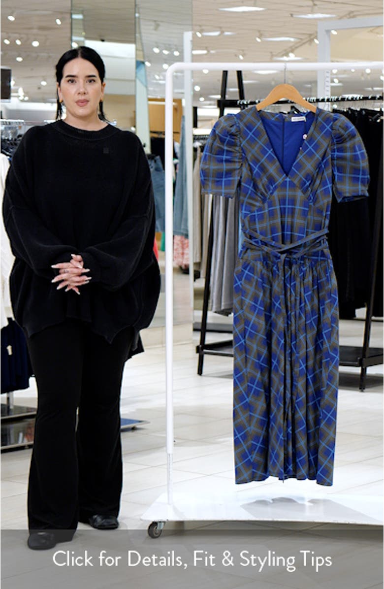 Plaid Puff Sleeve Tie Belt Stretch Cotton Midi Dress, sales video thumbnail