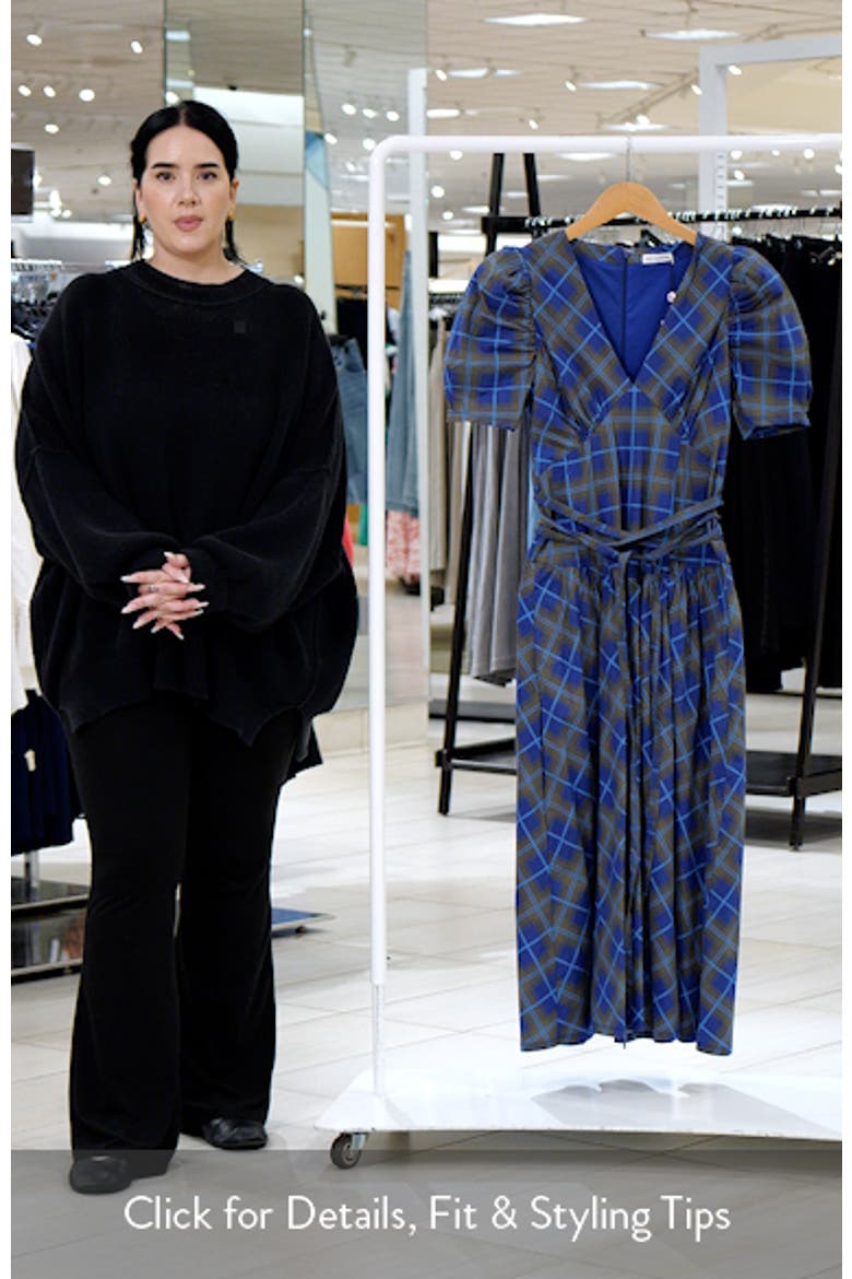 Plaid Puff Sleeve Tie Belt Stretch Cotton Midi Dress video