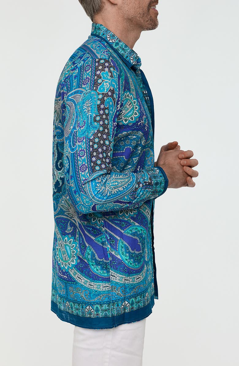 RANEES Paisley Button-Up Resort Shirt, Alternate, color, Blue