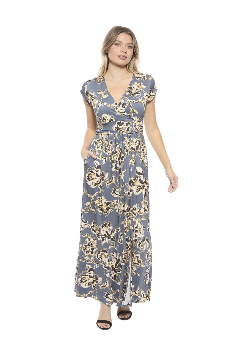 Womens Floral V-Neck Cap Sleeve Side Slit Pocket Maxi Dress, Main, color, Grey Multi