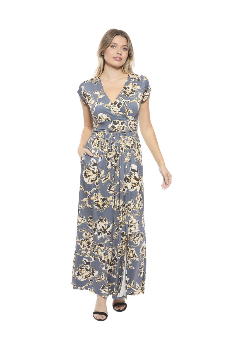 24seven Comfort Apparel Womens Floral V-Neck Cap Sleeve Side Slit Pocket Maxi Dress, Main, color, Grey Multi