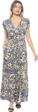 24seven Comfort Apparel Womens Floral V-Neck Cap Sleeve Side Slit Pocket Maxi Dress