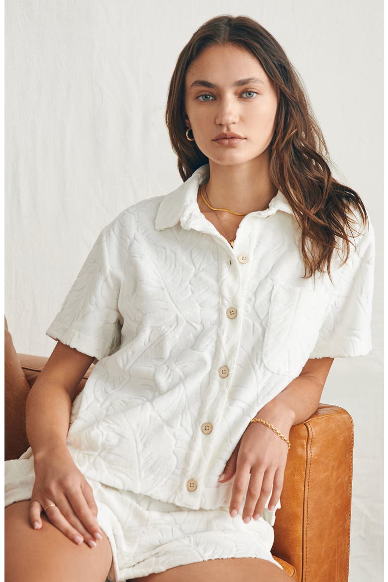 Cabana Leaf Jacquard French Terry Button-Up Shirt, Alternate, color, TROPIC FERN