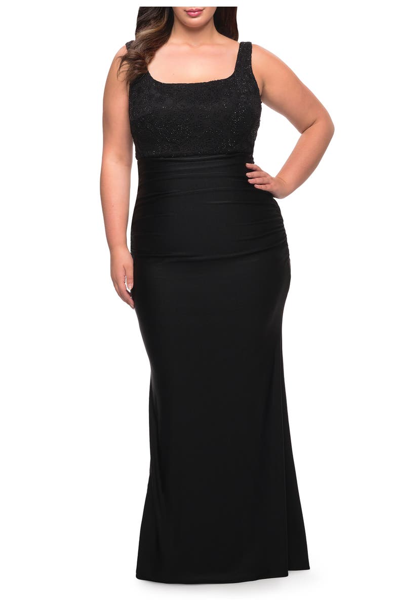 La Femme Long Lace and Jersey Gown with Rhinestones, Main, color, Black