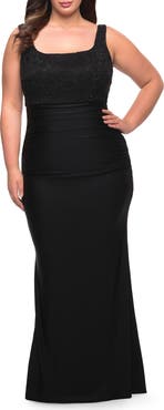 La Femme Long Lace and Jersey Gown with Rhinestones