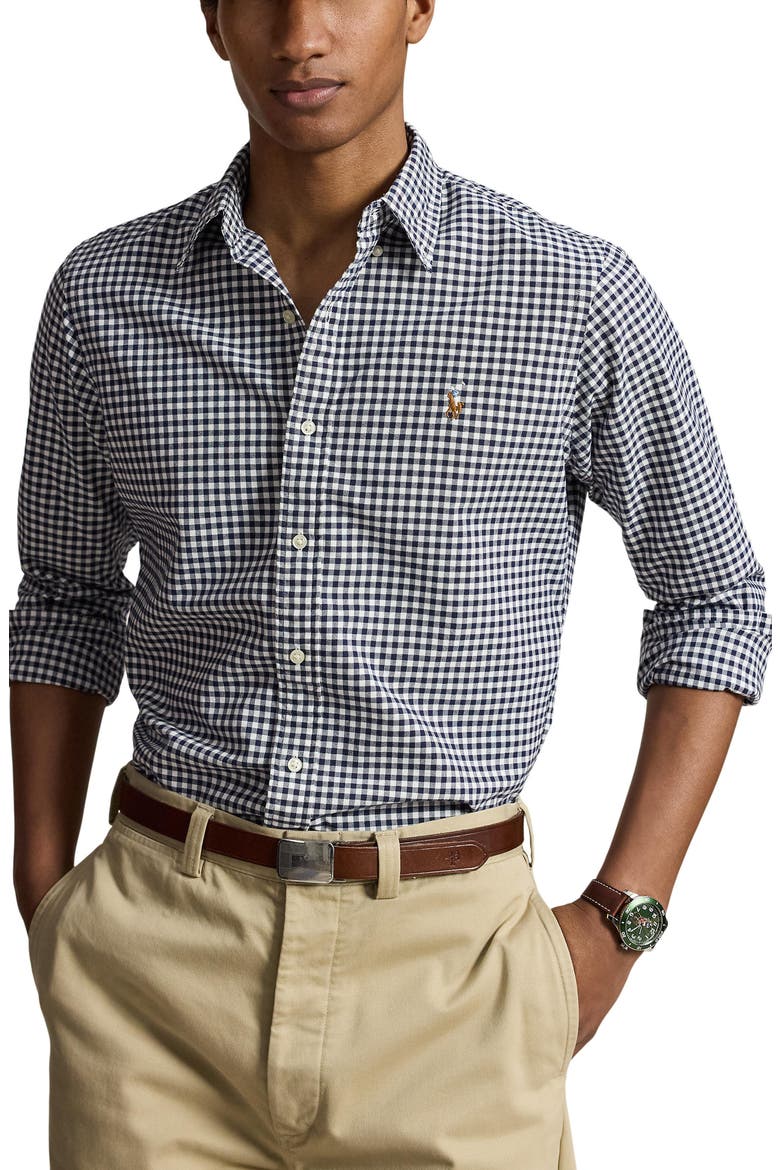Gingham Long Sleeve Oxford Button Up Shirt, Main, color, NAVY/ WHITE