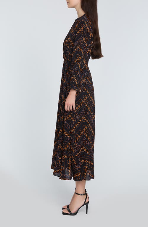 Elie Tahari The Mila Chain Print Pleated Long Sleeve Stretch Silk Midi Dress In Black