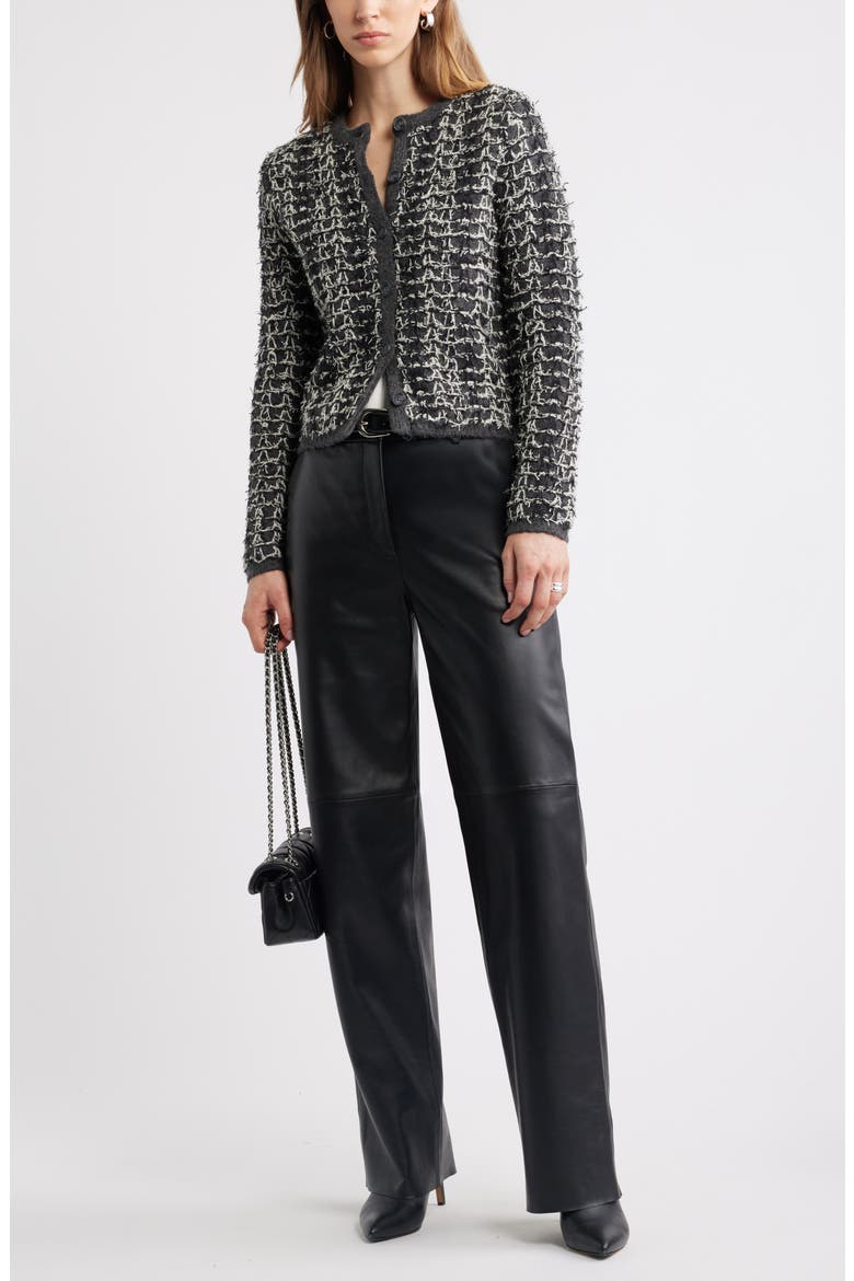 Textured Crewneck Cardigan, Alternate, color, GREY TEXTURE PLAID