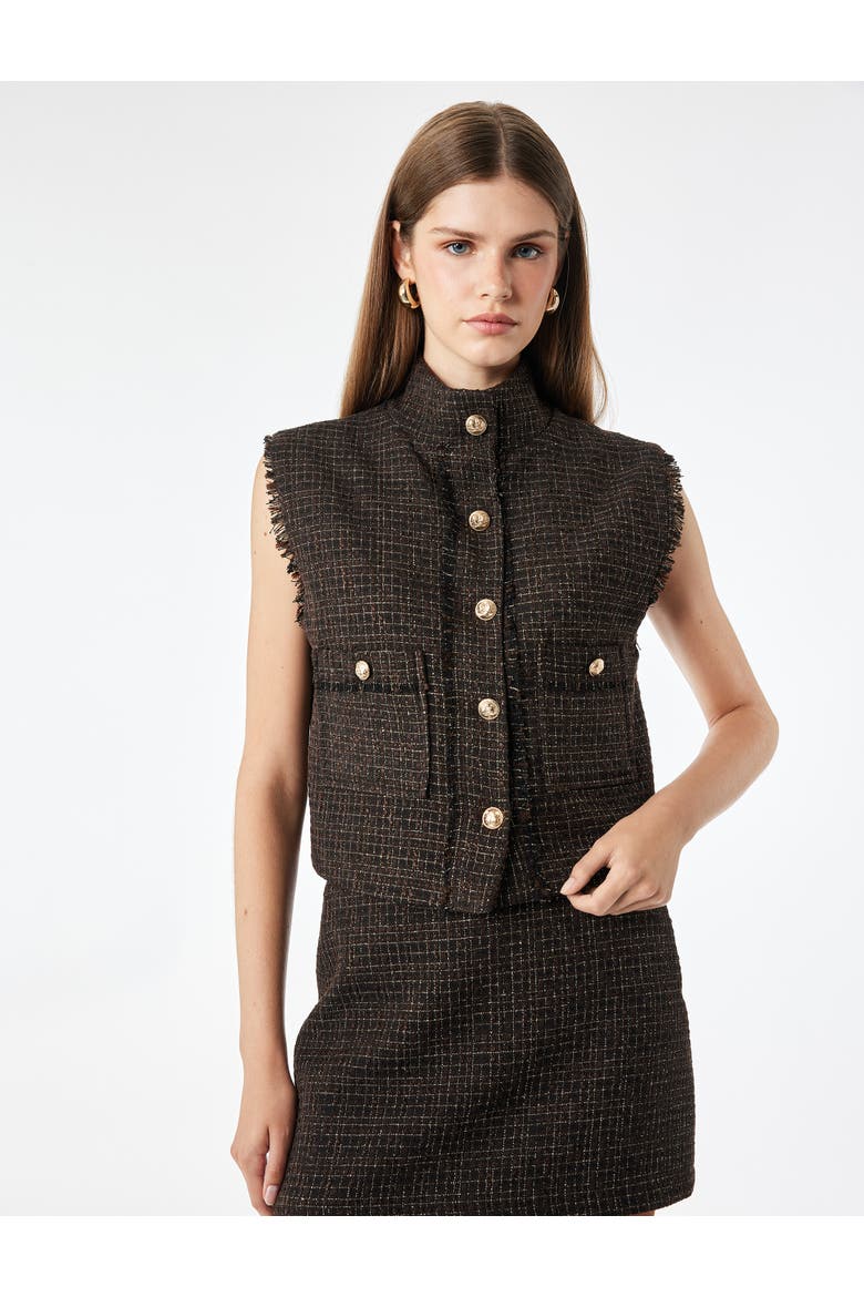 Funnel Neck Tweed Vest with Button and Pocket, Alternate, color, BROWN