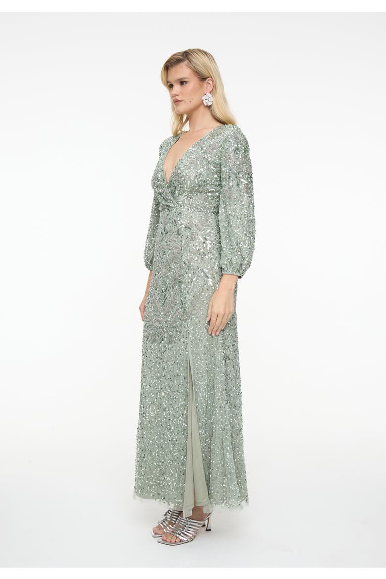 Embellished Sequin Beaded Maxi Dress With Deep V-Neck, Alternate, color, SAGE GREEN
