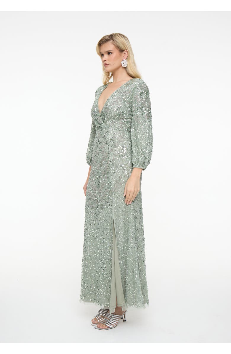 BEAUUT Embellished Sequin Beaded Maxi Dress With Deep V-Neck, Alternate, color, Sage Green