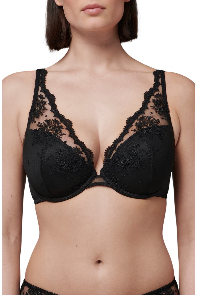 Intrigue Floral Embroidered Triangle Bra, Alternate, color, BLACK