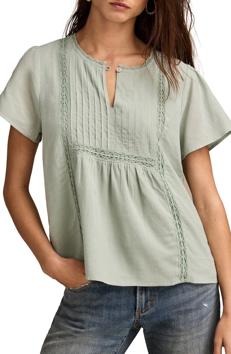 Lucky Brand Pintuck Lace Trim Cotton Peasant Top, Main, color, Blue Surf