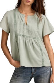 Lucky Brand Pintuck Lace Trim Cotton Peasant Top