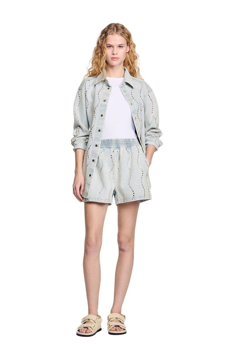 SANDRO Beaded and rhinestone denim shorts, Alternate, color,