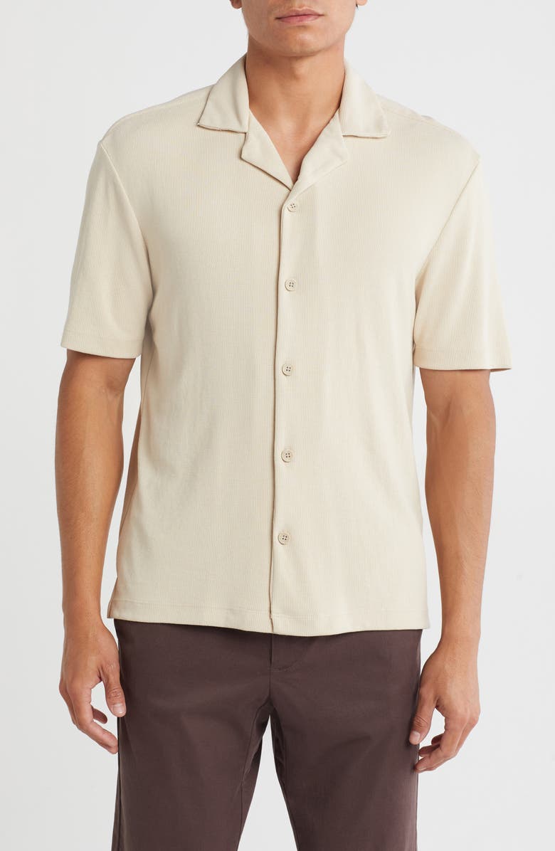 DENIM AND FLOWER Textured Knit Short Sleeve Button-Up Shirt, Main, color, Sand