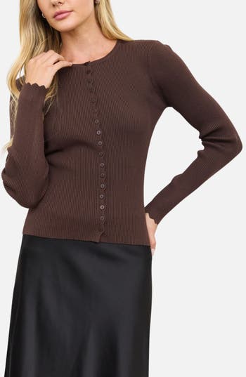 Blu Pepper Scalloped Rib Cardigan In Brown