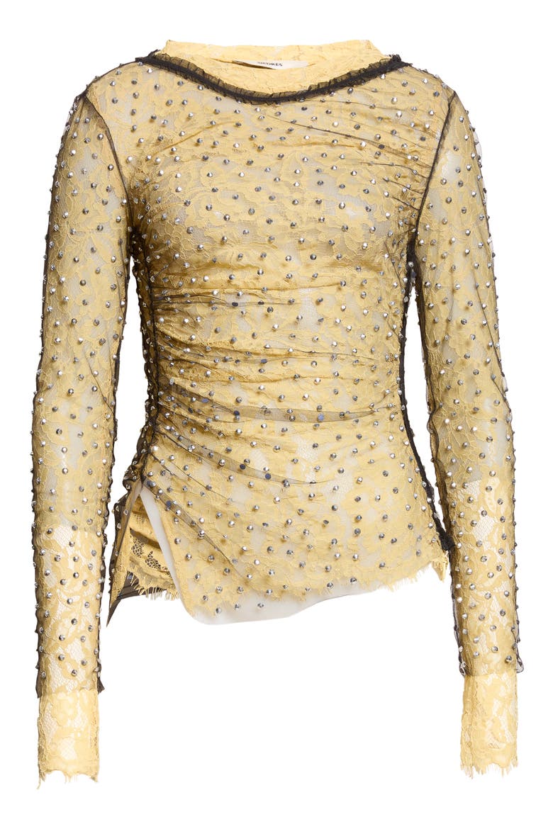Faye Studded Lace & Mesh Top, Main, color, BLACK/ YELLOW