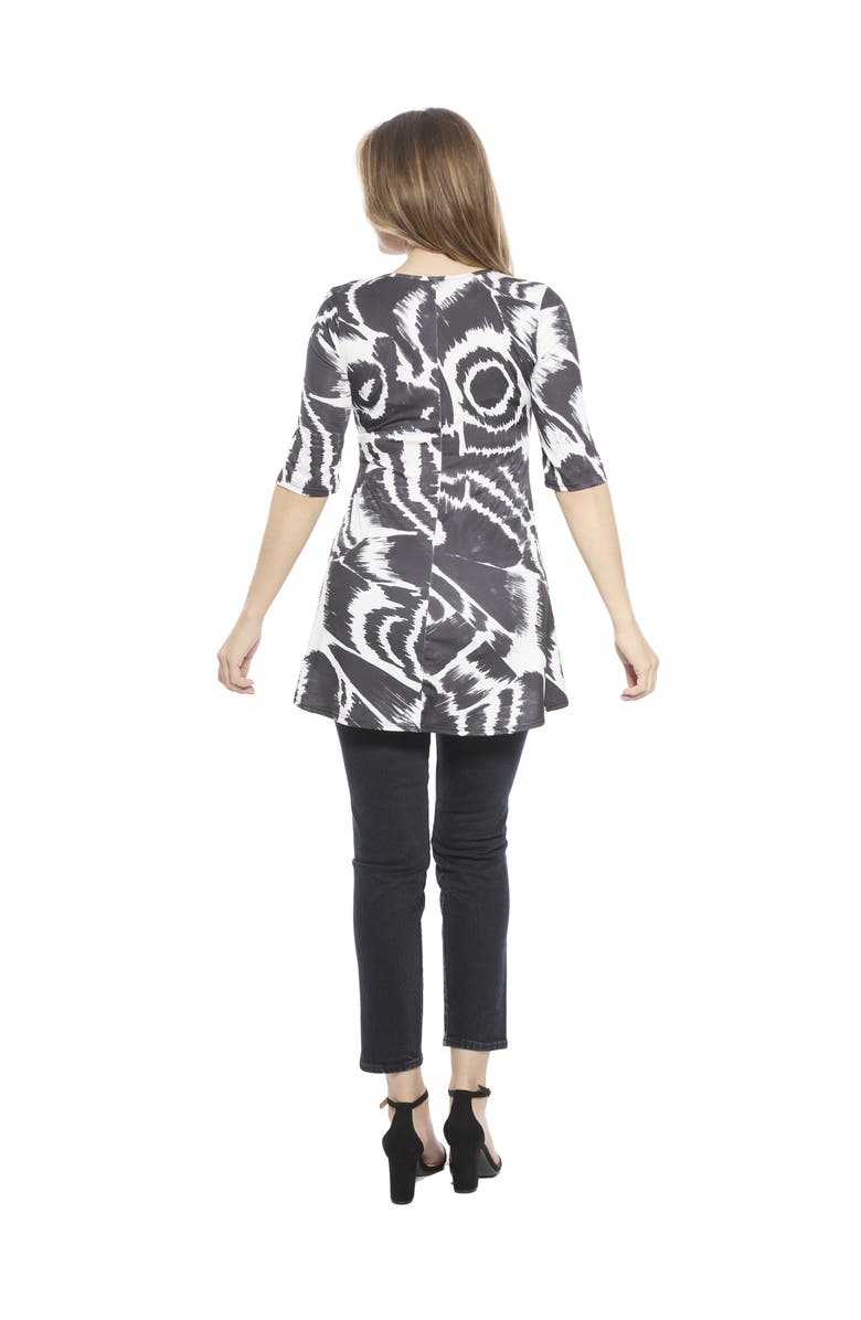 24seven Comfort Apparel Womens Abstract Scoop Neck Elbow Sleeve Tunic Top, Alternate, color, Black Multi
