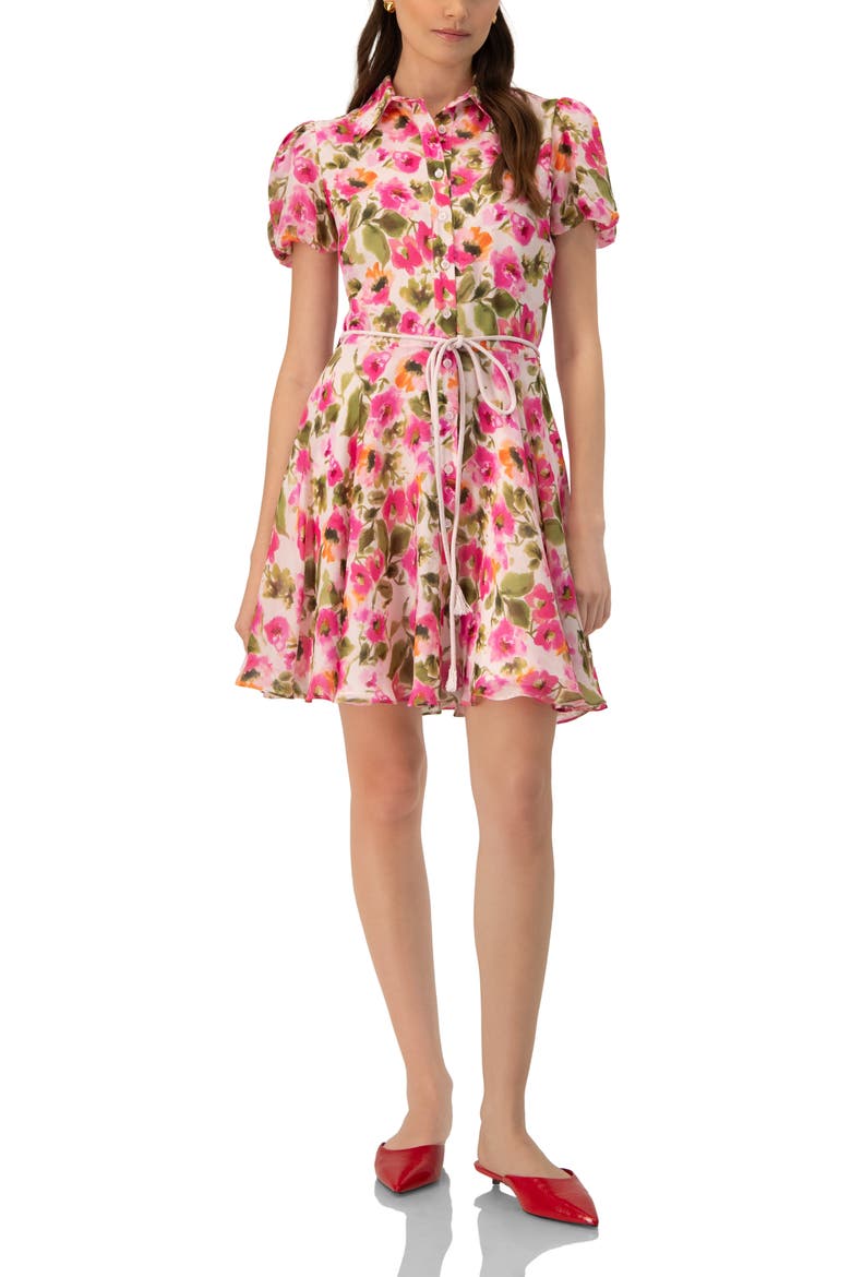 Short Floral Shirt Dress with Waist Tie, Alternate, color, Multicolor-Pink