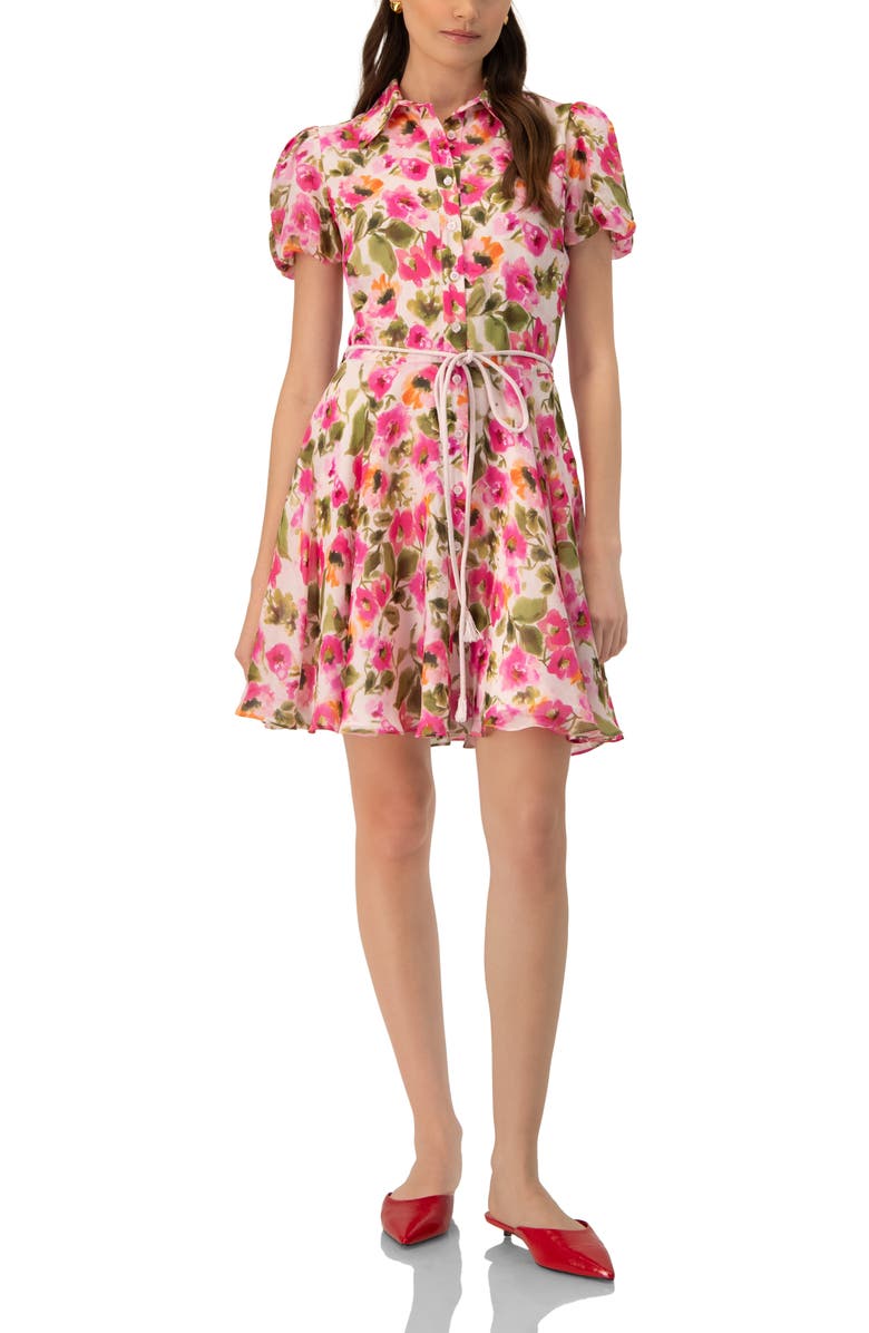 IVONNE Short Floral Shirt Dress with Waist Tie, Alternate, color, Multicolor-Pink