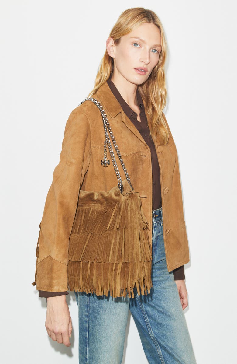 Tory Burch Fleming Suede Fringe Hobo Bag, Alternate, color, Wild Tabacco