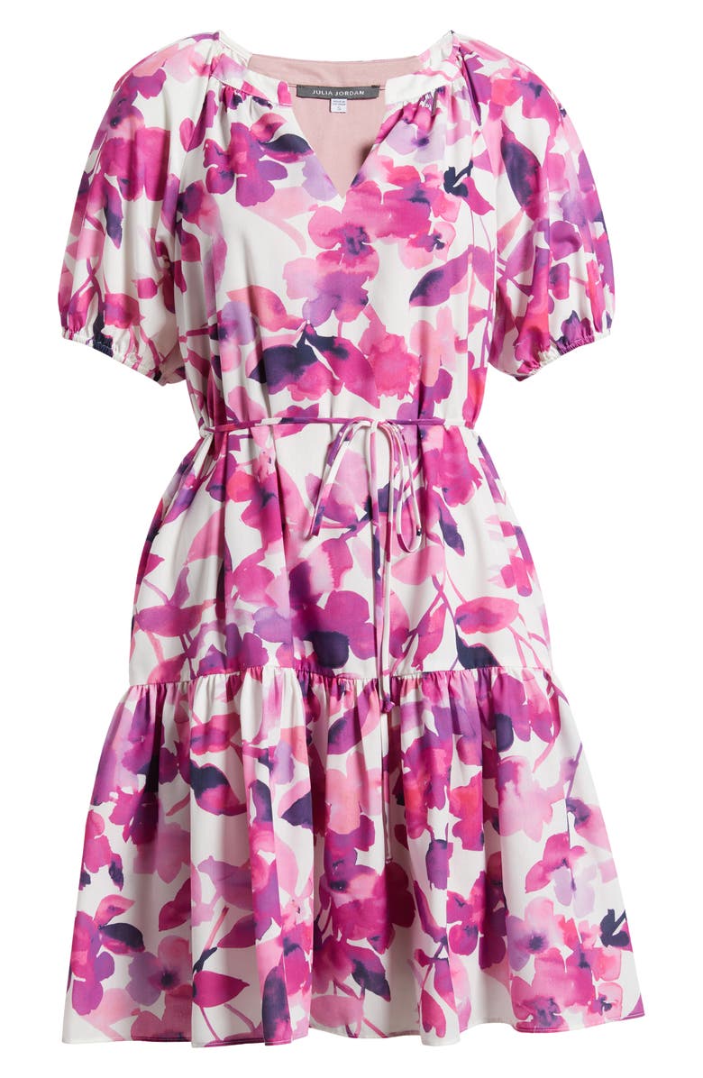 Julia Jordan Floral Print Tie Waist Puff Sleeve Dress, Alternate, color, Magenta Multi