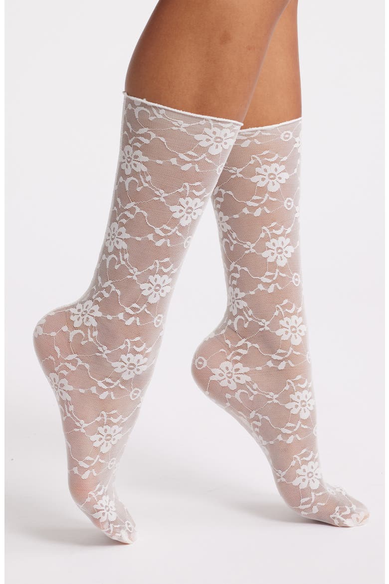 Ava Sheer Lace Crew Socks, Main, color, WHITE