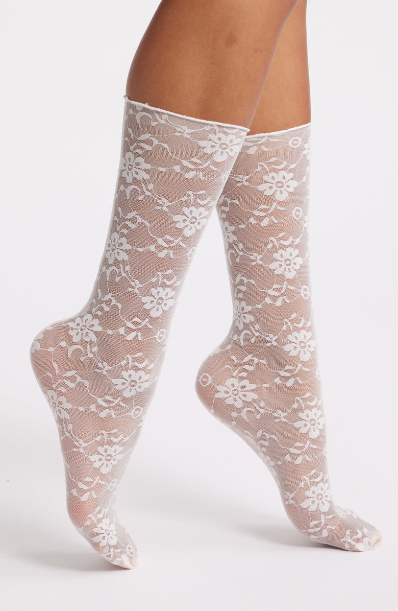 HIGH HEEL JUNGLE Ava Sheer Lace Crew Socks, Main, color, White