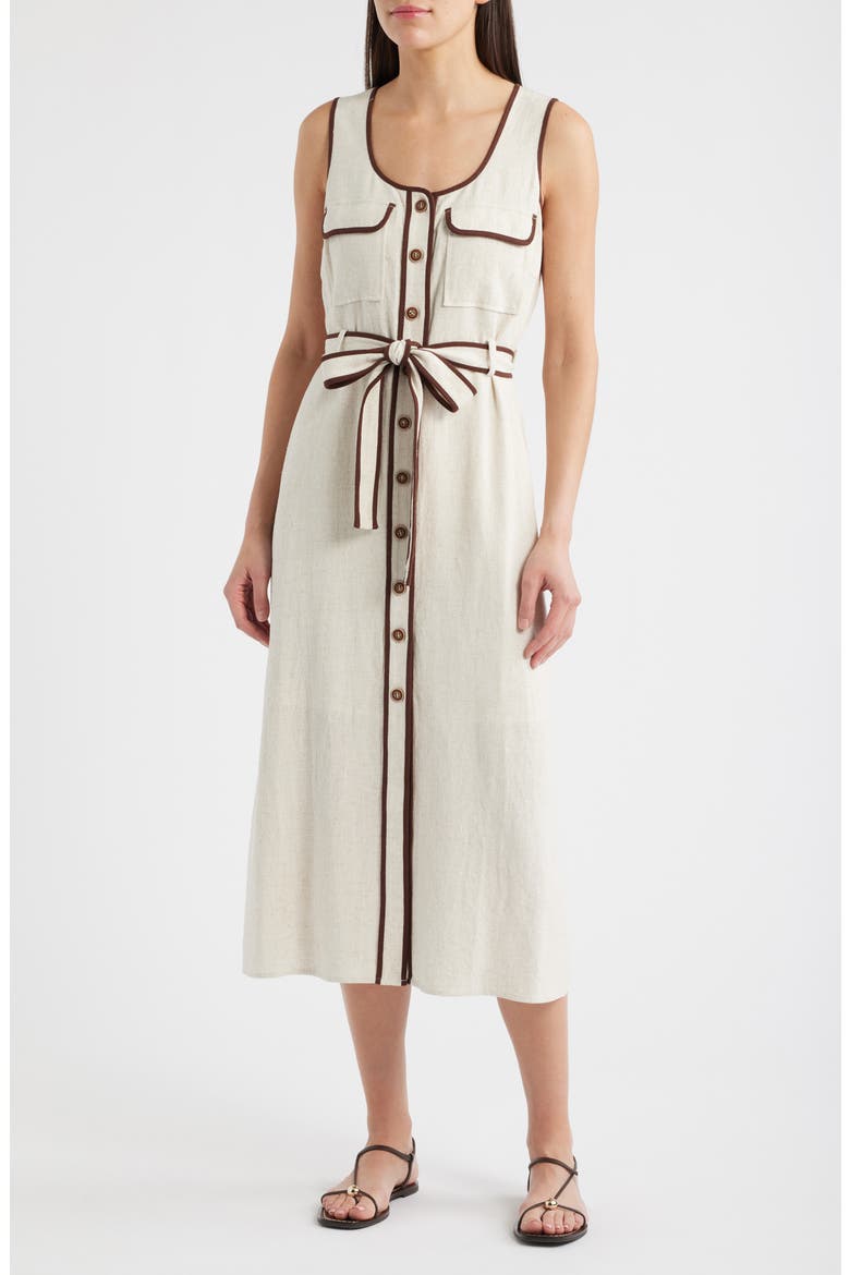Contrast Piping Button-Up Dress, Main, color, SAND/ NAVY