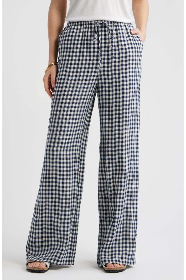 Easy Wide Leg Linen Pants, Main, color, NAVY STILL- IVORY BEA GINGHAM