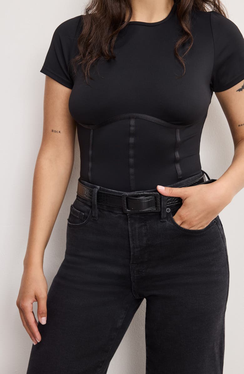 Good American Soft-Tech Good Petite Raw Hem Wide Leg Palazzo Jeans, Alternate, color, Black391