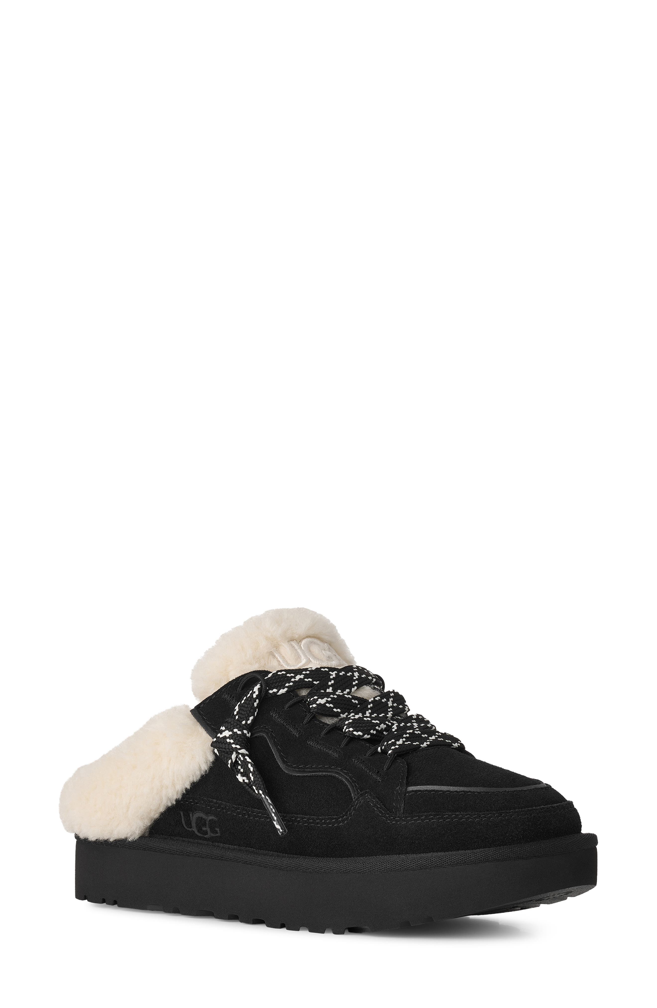 Lowmel Genuine Shearling Lined Lace-Up Mule, Main, color, BLACK