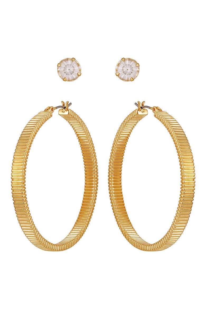Set of 2 Crystal Stud & Hoop Earrings, Main, color, GOLD TONE