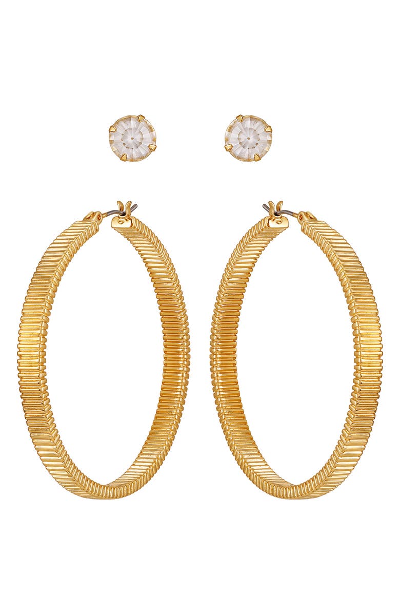 Vince Camuto Set of 2 Crystal Stud & Hoop Earrings, Main, color, Gold Tone