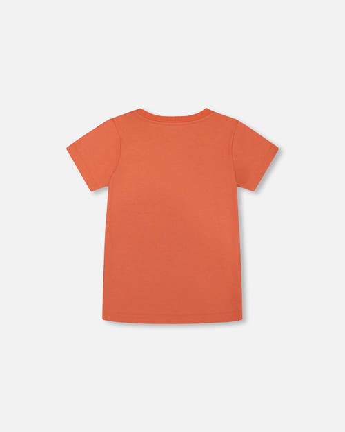 Deux Par Deux Boy's Organic Cotton Graphic Tee Orange And Navy Dino In Orange And Navy Dino