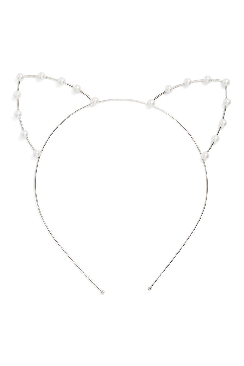 Faux Pearl Cat Ear Headband, Main, color, SILVER
