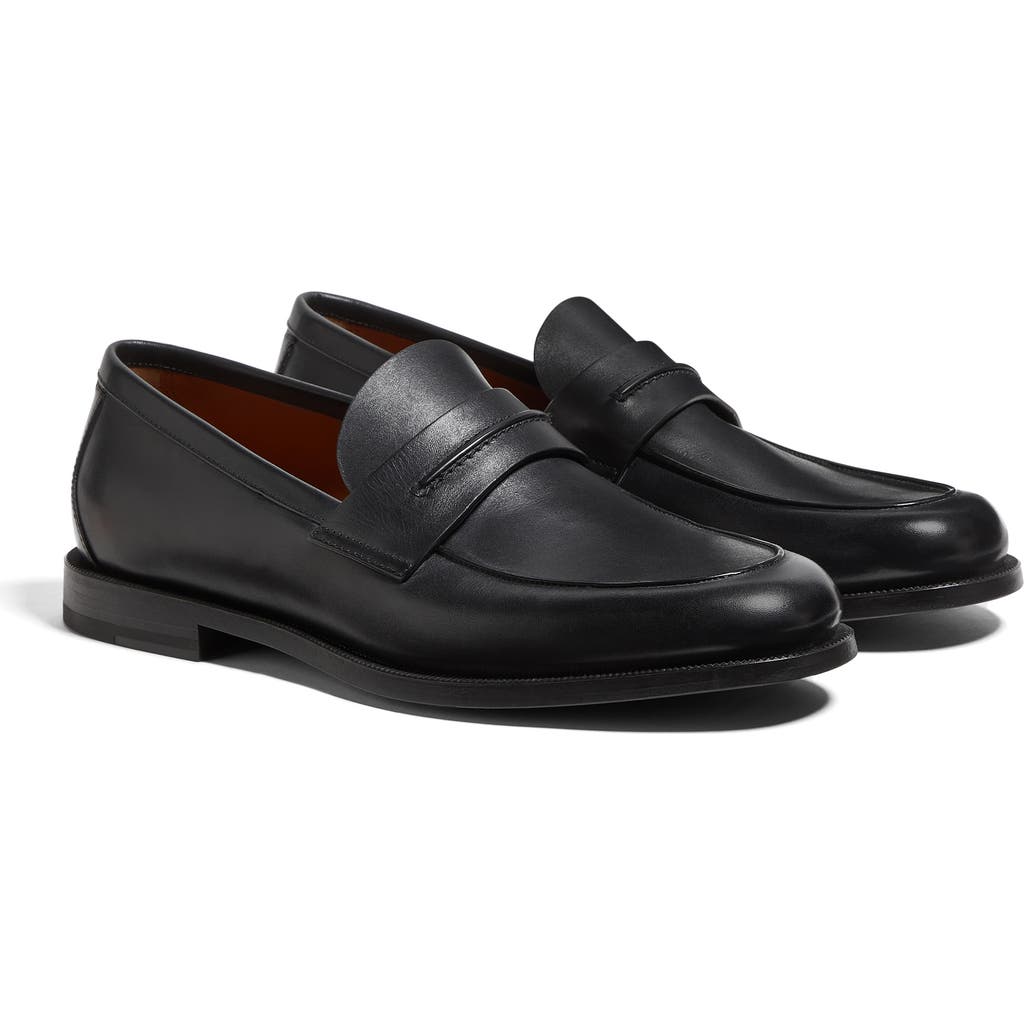 Zegna Black Natural Grain Leather Mocassin Loafer In Black