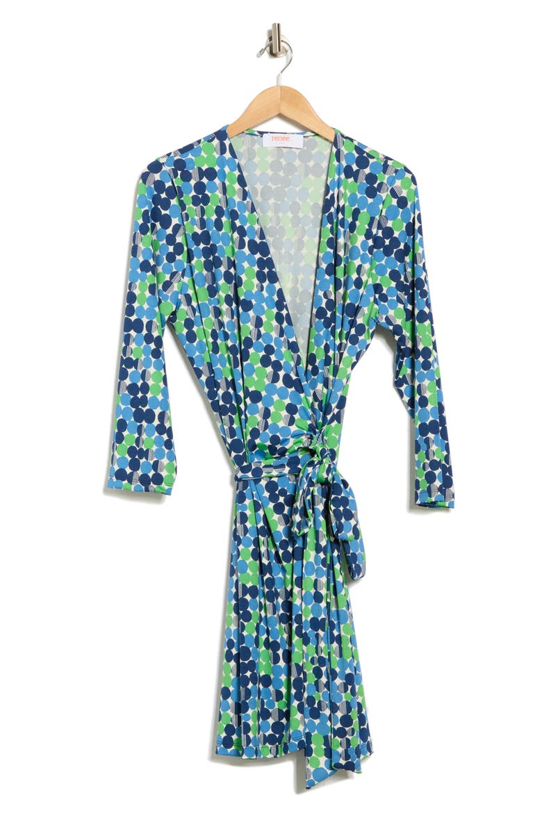 Dot Print Long Sleeve Wrap Dress, Alternate, color, BLUE/ GREEN