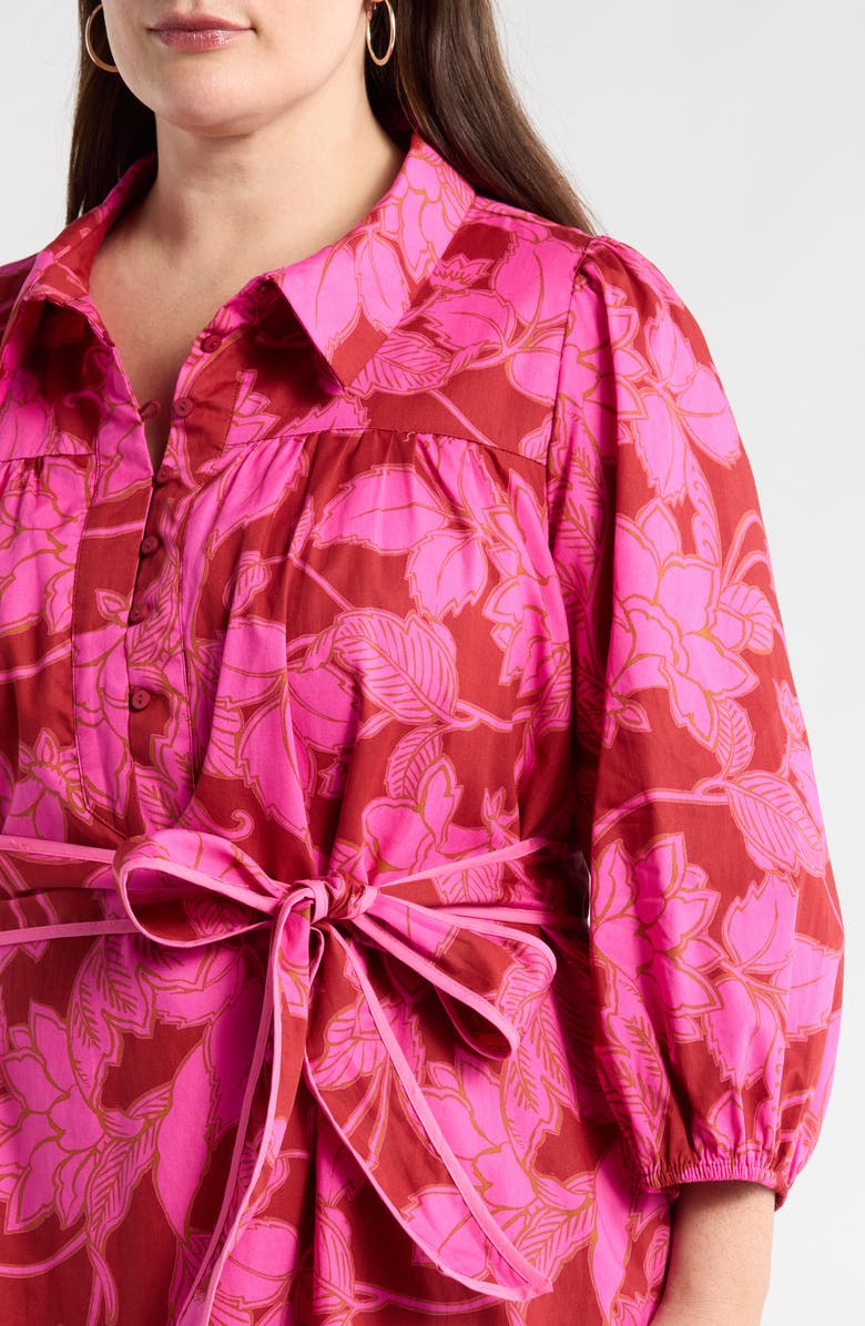 SUGARLIPS Craney Floral Print Tie Waist Long Sleeve Shirtdress, Alternate, color, Burgundy-Pink