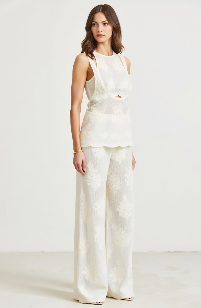 Modenaire Sleeveless Textured Top and Sheer Floral Wide-Leg Pants Set, Alternate, color,