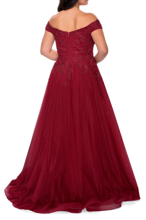 La Femme Off The Shoulder Tulle Plus Size Gown With Lace In Burgundy