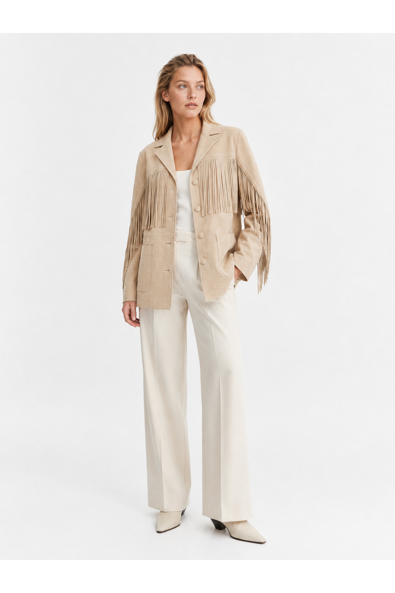 Calypso Fringe Suede Leather Jacket, Alternate, color, Beige
