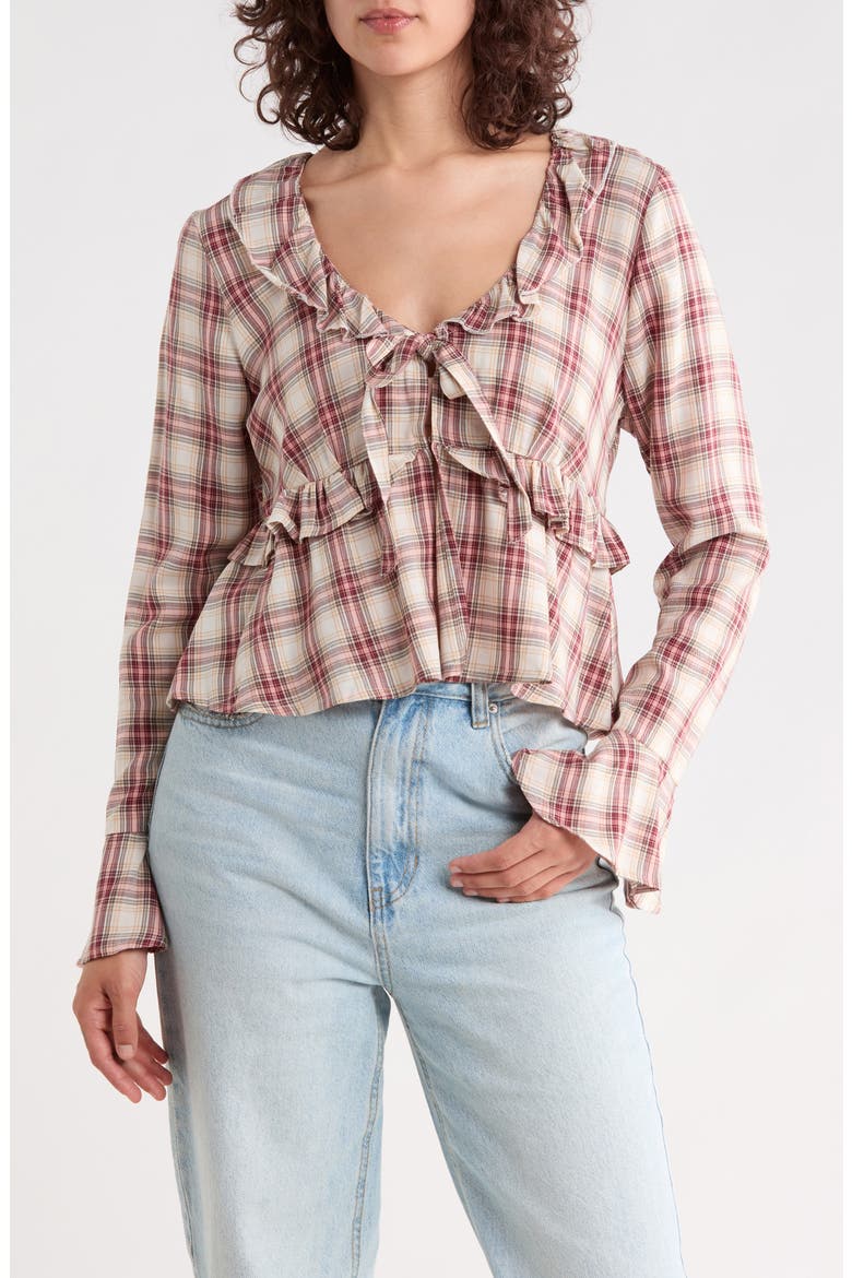 Ruffle V-Neck Top, Main, color, CREME COMBO
