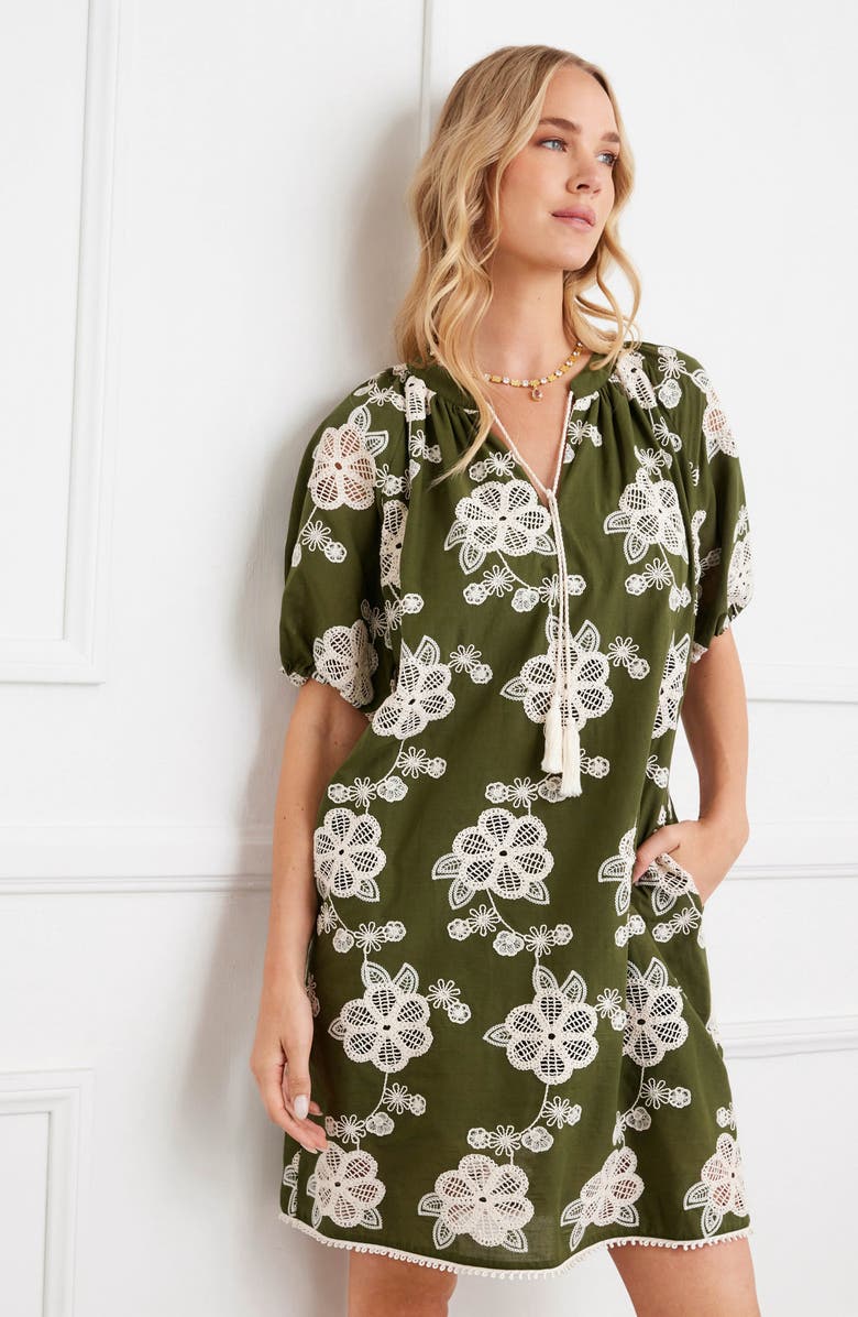 Karen Kane Embroidered Puff Sleeve Tassel Tie Dress, Alternate, color, Olive/ Natural