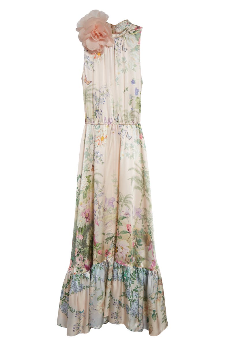 Camilla Floral Appliqué Tiered Silk Charmeuse Maxi Dress, Alternate, color, 