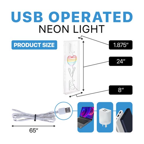 Jonathan Y Love 8" X 24" Contemporary Glam Acrylic Box Usb Operated Led Neon Light, White/rainbow In White/rainbow