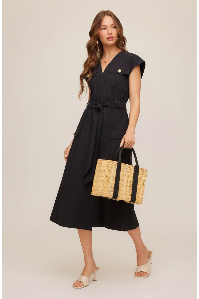 Darcie Belted Cotton Midi Dress, Alternate, color, BLACK