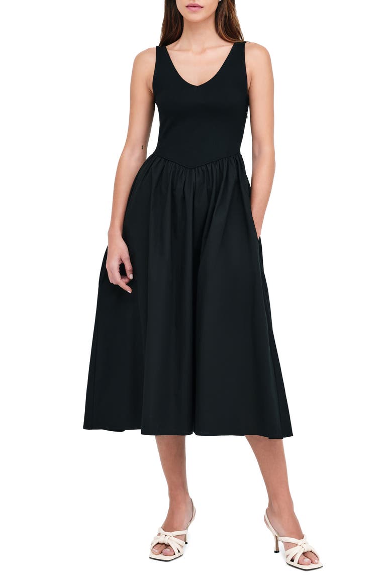 Emmy Mixed Media Midi Dress, Main, color, BLACK