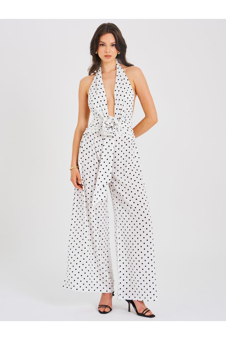 Oriana Halter Backless Polka Dot Jumpsuit, Alternate, color, White